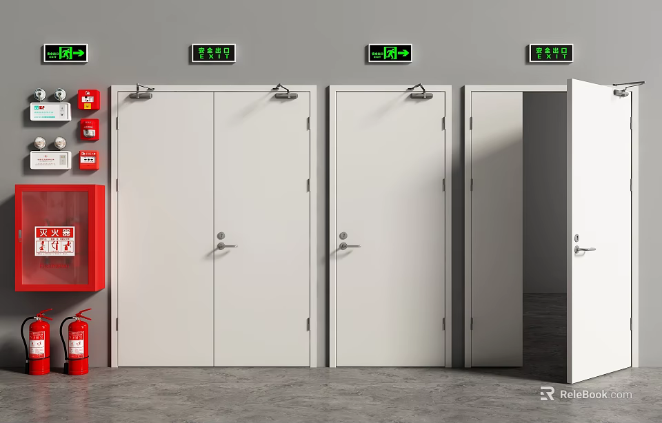 White Fire Doors With Red Hydrant And Wall Mounted Fire Safety Signs 3d model 