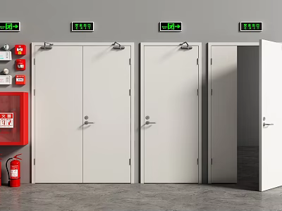 White Fire Doors With Red Hydrant And Wall Mounted Fire Safety Signs 3d model
