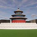 Ancient Chinese Temple Architecture With Multiple Tiered Roof Red Walls And Green Lawn