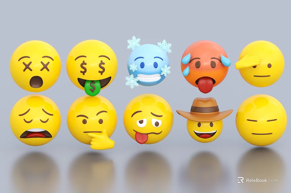 Yellow Emoji Smiley Face Ornament Set With Various Expressions And Accessories 3d model 