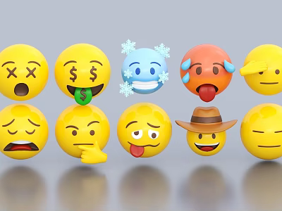 Yellow Emoji Smiley Face Ornament Set With Various Expressions And Accessories 3d model