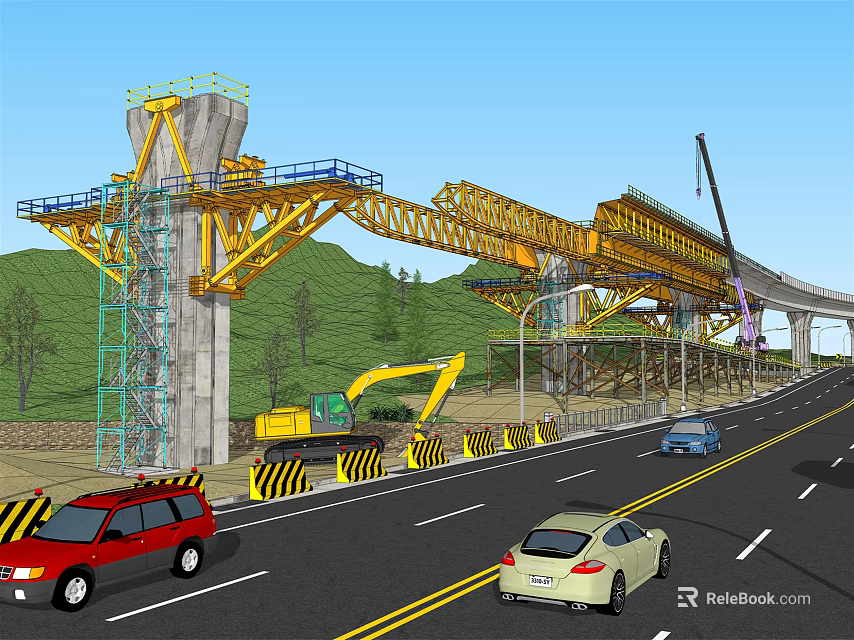 Road Infrastructure Under Construction With Bridge Structure Yellow Construction Equipment Vehicles And Safety Barriers 3d model 