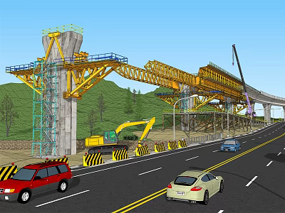 Road Infrastructure Under Construction With Bridge Structure Yellow Construction Equipment Vehicles And Safety Barriers 3d model