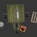 Wooden Cart With Yellow Bucket Orange Traffic Cone And Wooden Crate