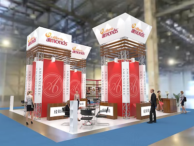 Orthoworks Exhibition Booth Featuring Red Structure White Canopy Multiple Columns And Visitors 3d model