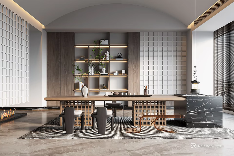 Modern Tea Room Interior With Long Wooden Table Stylish Chairs Green Plants And Grid Walls 3d model 