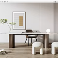 Modern Desk with Plant Framed Painting Laptop Chair and White Stools on Wooden Floor