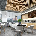 Modern Break Room With Wooden Cabinets White Chairs Large Windows Pendant Lights And Appliances