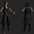 Game Film Character With Long Black Hair Tattooed Arms Sleeveless Long Coat Front Back Views