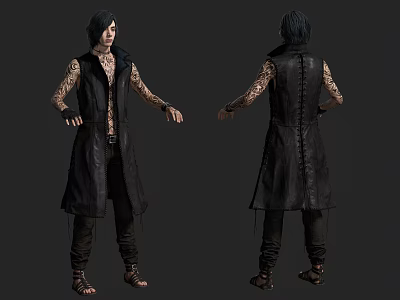 Game Film Character With Long Black Hair Tattooed Arms Sleeveless Long Coat Front Back Views 3d model