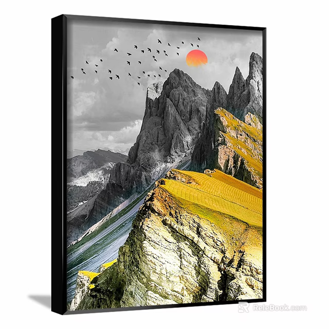 Scenic Mountain Landscape Painting With Rocky Peaks Red Sunset And Flying Birds 3d model 
