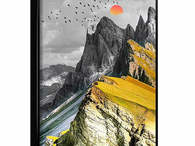 Scenic Mountain Landscape Painting With Rocky Peaks Red Sunset And Flying Birds 3d model