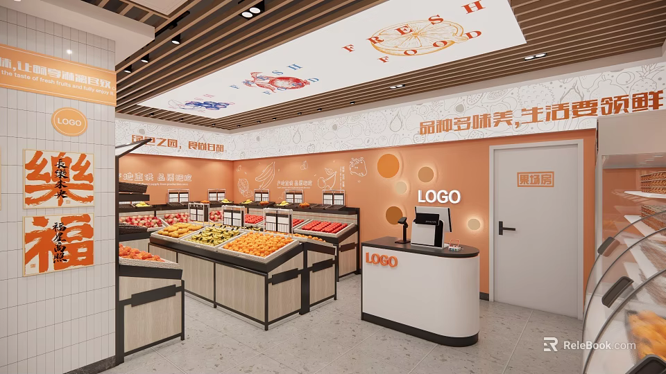 Modern Fruit Store Interior With Fresh Fruit Displays Shelves And Cashier Counter 3d model 