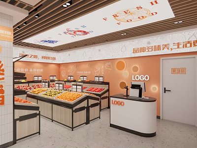 Modern Fruit Store Interior With Fresh Fruit Displays Shelves And Cashier Counter 3d model