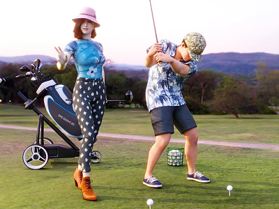 Two Golfers Playing On Course With Balls And Cart 3d model
