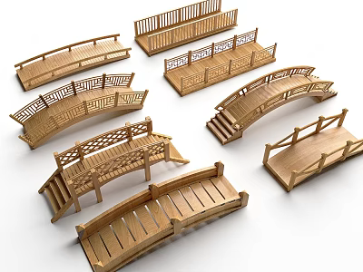 Various Decorative Wooden Garden Bridges With Arched Straight And Staircase Designs 3d model