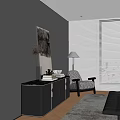 Elegant Decorative Cabinet With Marble Top Books Vase Floor Lamp And Checkered Chair
