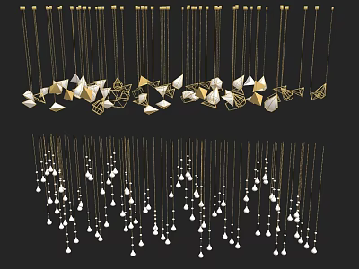 Geometric Design Chandeliers With Gold Chains Crystal Accents And Hanging Shapes 3d model