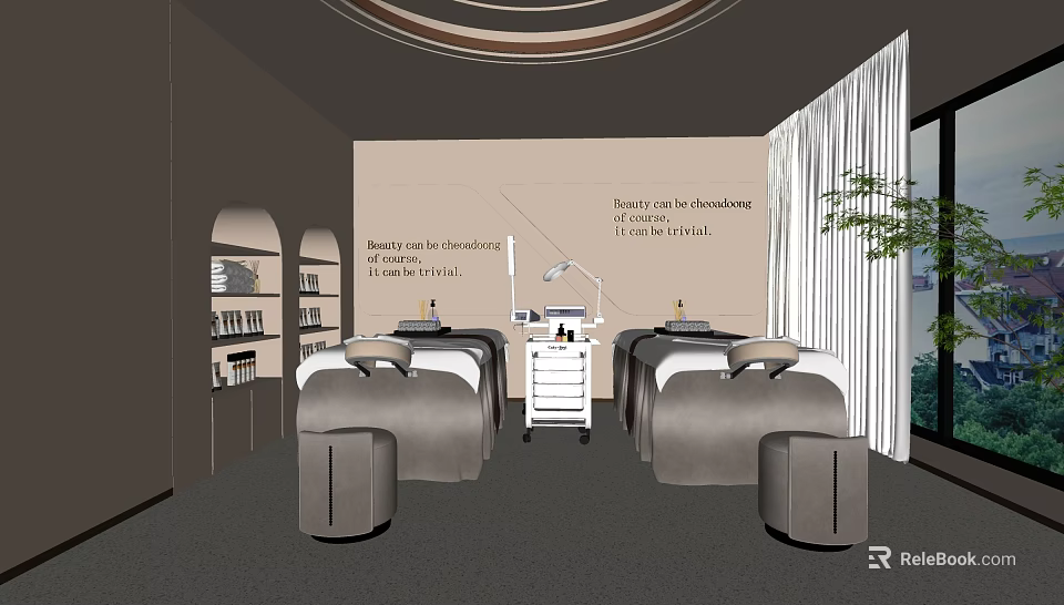 Spa Sauna Interior Design With Massage Beds Treatment Equipment And Green Plants 3d model 