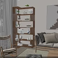 Modern Living Room With Wooden Bookshelf Storage Display Decorative Items Sofa Rocking Chair And Artwork