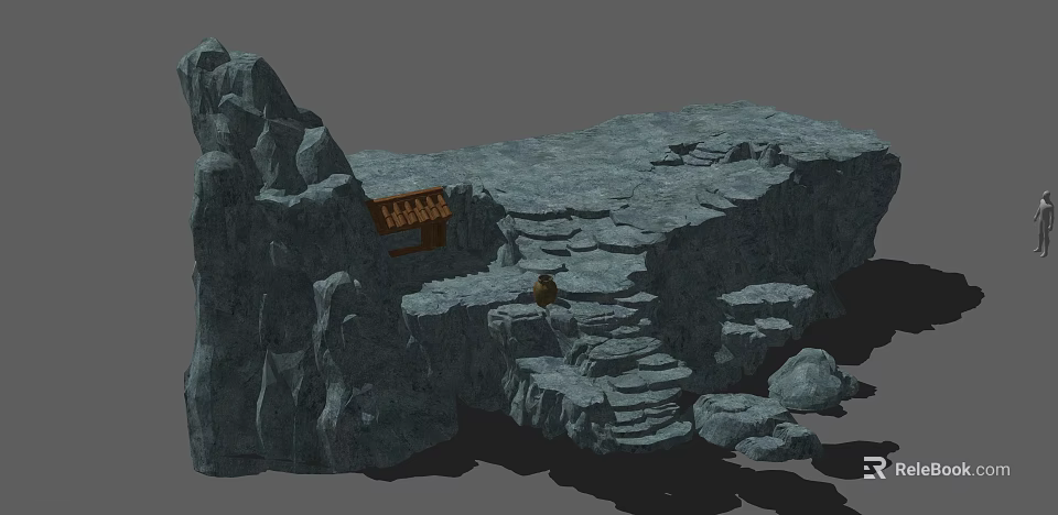 Micro Terrain Design With Rock Formations Stone Steps And Wooden Bench 3d model 