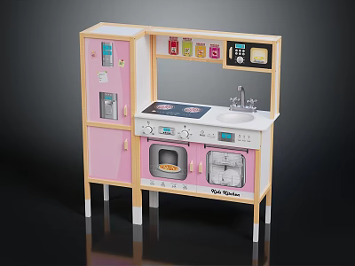 Pink And Beige Children's Toy Kitchen Cabinet With Stove Sink Oven And Microwave 3d model