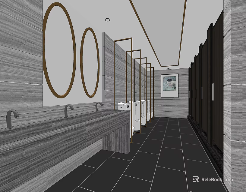 Public Restroom Interior With Multiple Sinks Round Mirrors Gray Walls And Black Tiled Floor 3d model 