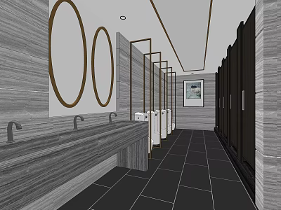 Public Restroom Interior With Multiple Sinks Round Mirrors Gray Walls And Black Tiled Floor 3d model