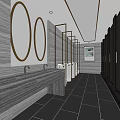 Public Restroom Interior With Multiple Sinks Round Mirrors Gray Walls And Black Tiled Floor