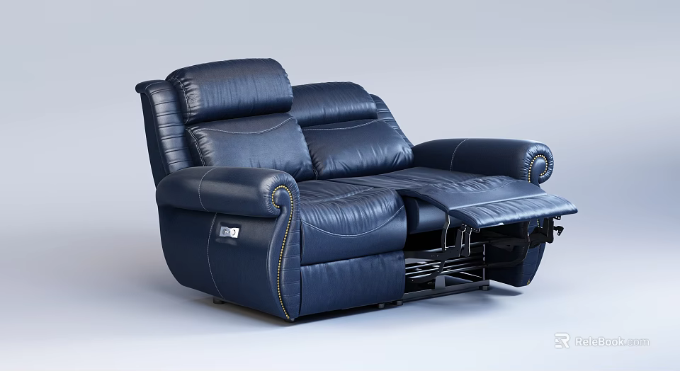 Navy Blue Leather Two Seater Recliner With Extendable Footrest And Comfortable Modern Design 3d model 