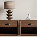 Brown Wooden Nightstands With Drawers Open Shelves Spiral Lamp Books And Cone Decor