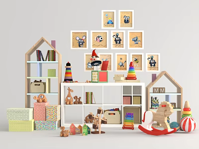 Kids Play Area With Wooden House Shelves Cartoon Pictures Rocking Horse And Toys 3d model
