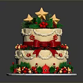 Festive Christmas Cake With Two Layers Cream Red Bow Holly Berries And Gold Ornaments