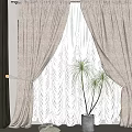 Elegant Beige Curtains With White Sheer Wavy Pattern And Potted Palm Plants