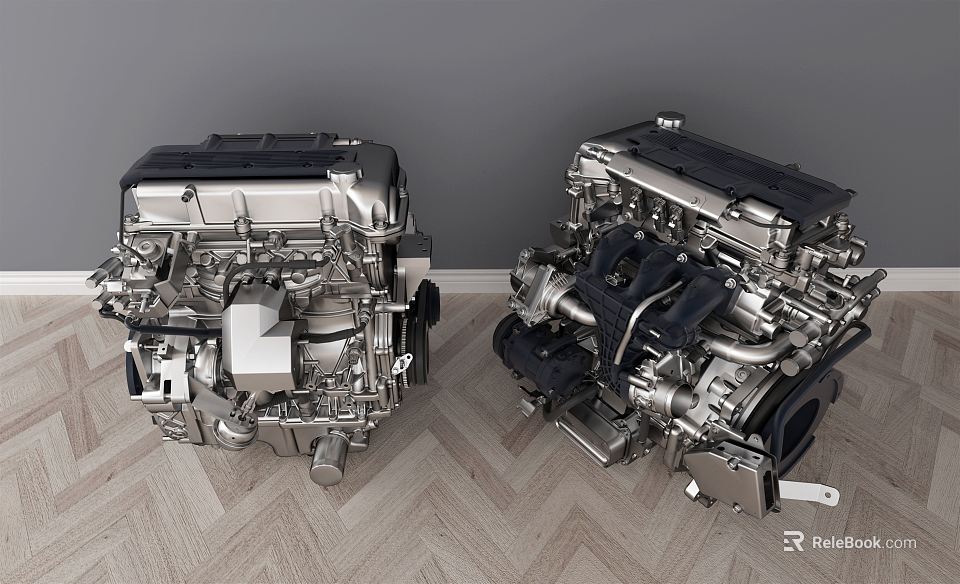 Two Silver Metal Engines Placed On Light Wooden Floor With Gray Wall Background 3d model 