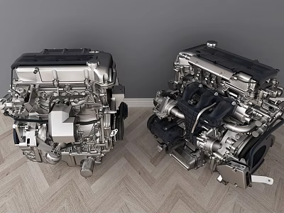 Two Silver Metal Engines Placed On Light Wooden Floor With Gray Wall Background 3d model Two Silver Metal Engines Placed On Light Wooden Floor With Gray Wall Background 3d model