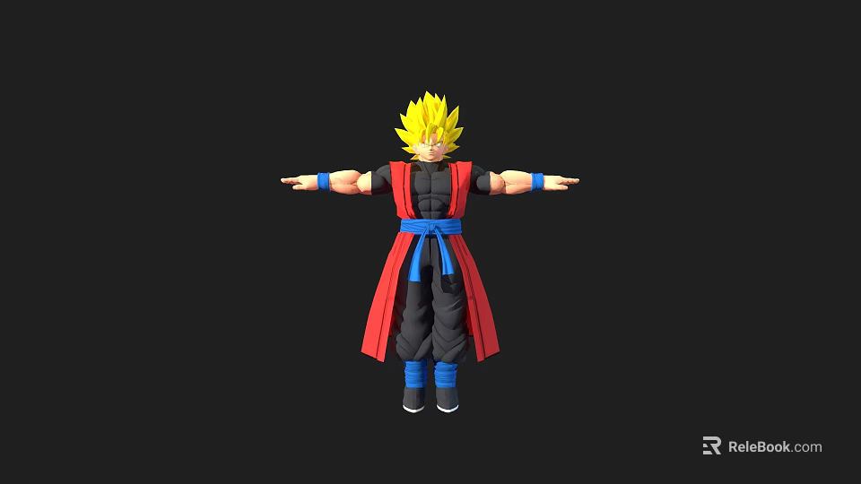 Anime Game Character with Blonde Spiky Hair Black Top Red Robe Blue Sash Arms Outstretched 3d model 