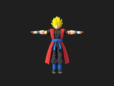 Anime Game Character with Blonde Spiky Hair Black Top Red Robe Blue Sash Arms Outstretched 3d model