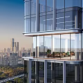 Modern Glass Curtain Wall Office Building With City Street And Trees