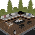 Courtyard Garden Design With Wooden Deck L Shaped Sofa Coffee Table Chair Stools Green Plants And Lighting