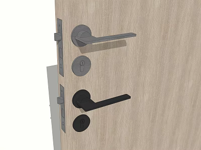 Modern Silver And Black Door Handles With Lock On Wooden Door Surface 3d model