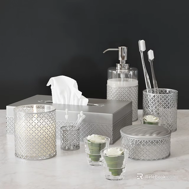 Elegant Bathroom Accessories With Lattice Design And Soap Dispenser Toothbrush Holder Tissue Box 3d model 