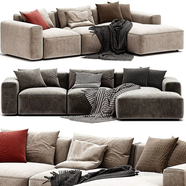 Modern Sectional Sofa With Soft Fabric Multiple Pillows And Patterned Blanket 3d model