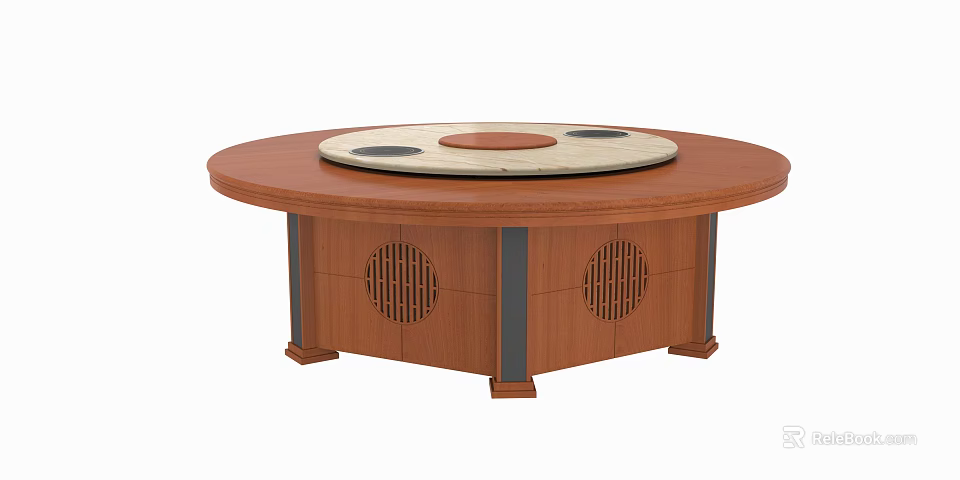 Wooden Round Dining Table With Light Center Top Black Circular Accents And Lattice Base 3d model 