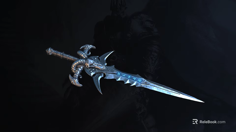 Mythic Sword With Metallic Hilt Skull Horns And Blue Glowing Blade In Dark Fantasy Setting 3d model 