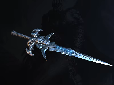 Mythic Sword With Metallic Hilt Skull Horns And Blue Glowing Blade In Dark Fantasy Setting 3d model