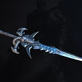 Mythic Sword With Metallic Hilt Skull Horns And Blue Glowing Blade In Dark Fantasy Setting