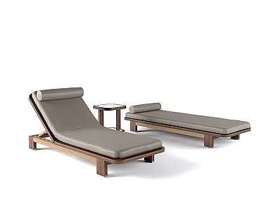 Modern Lounge Chairs with Wooden Frame and Gray Cushions and Round Table for Outdoor Relaxation 3d model