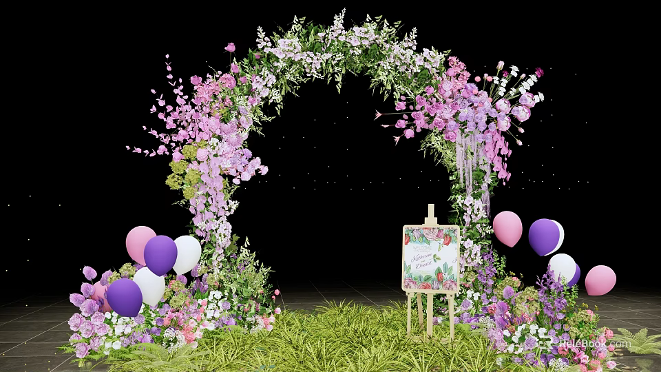 Floral Event Entrance Arch With Pink Purple Flowers Balloons Easel Sign And Green Grass 3d model 