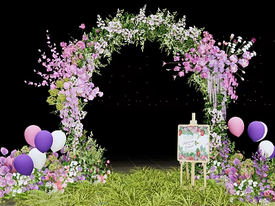 Floral Event Entrance Arch With Pink Purple Flowers Balloons Easel Sign And Green Grass 3d model